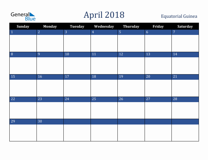 April 2018 Equatorial Guinea Calendar (Sunday Start)