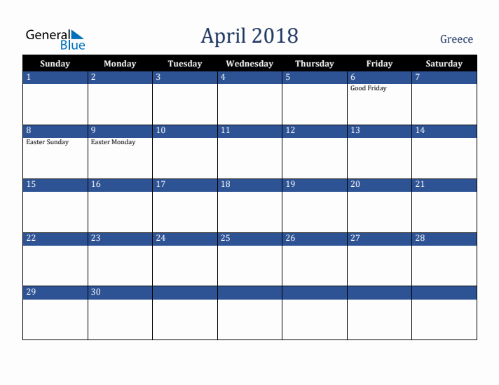 April 2018 Greece Calendar (Sunday Start)