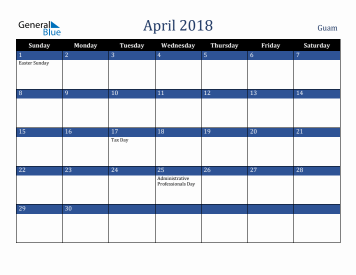 April 2018 Guam Calendar (Sunday Start)