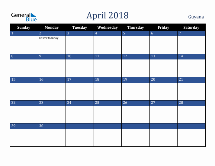 April 2018 Guyana Calendar (Sunday Start)