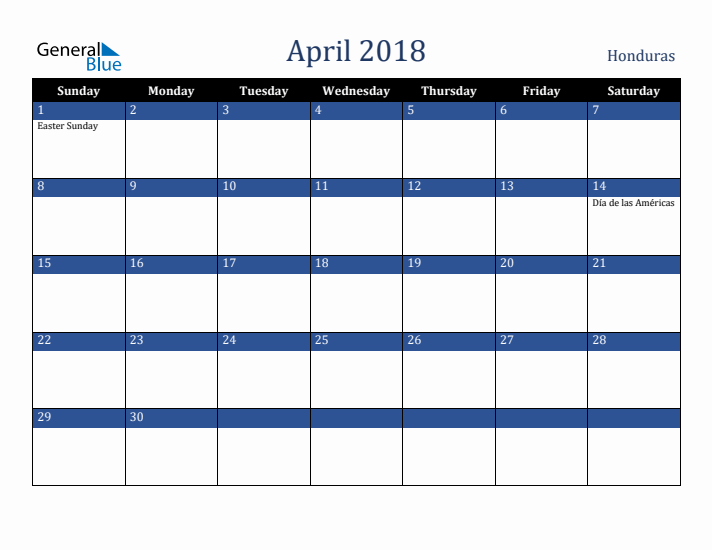 April 2018 Honduras Calendar (Sunday Start)