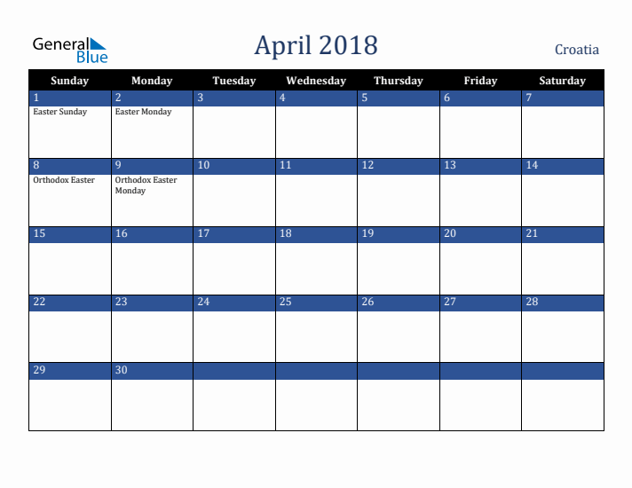 April 2018 Croatia Calendar (Sunday Start)