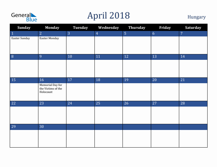 April 2018 Hungary Calendar (Sunday Start)