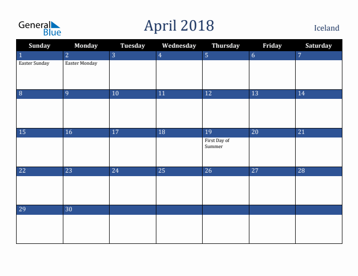 April 2018 Iceland Calendar (Sunday Start)