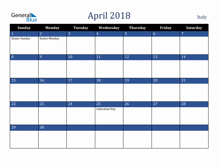 April 2018 Italy Calendar (Sunday Start)