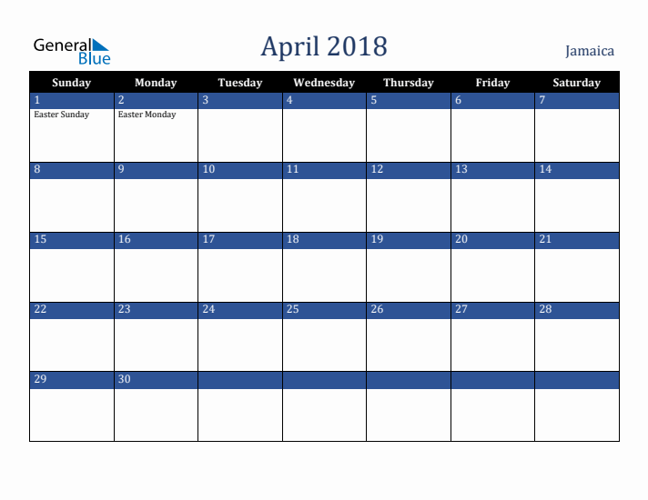 April 2018 Jamaica Calendar (Sunday Start)