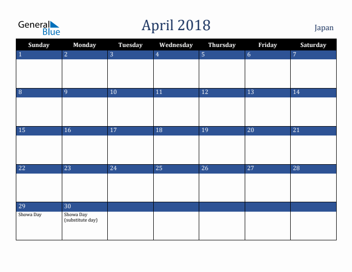 April 2018 Japan Calendar (Sunday Start)