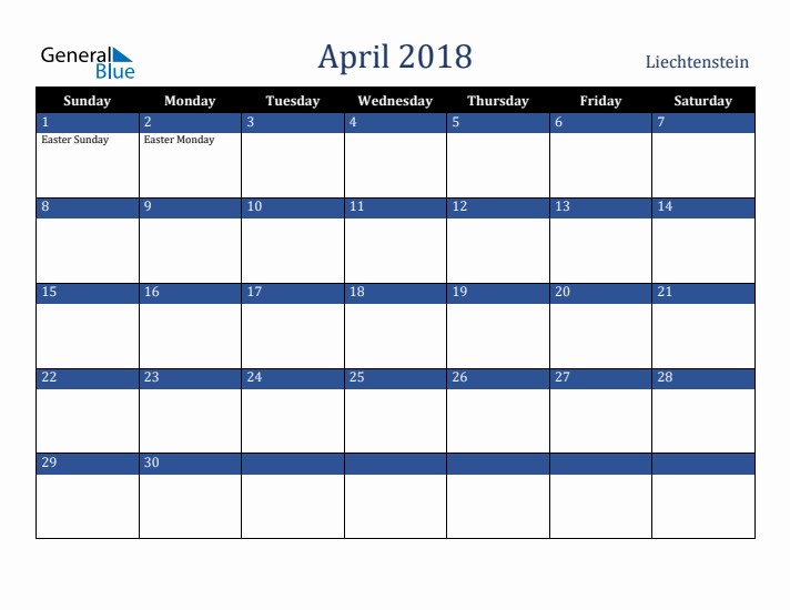 April 2018 Liechtenstein Calendar (Sunday Start)