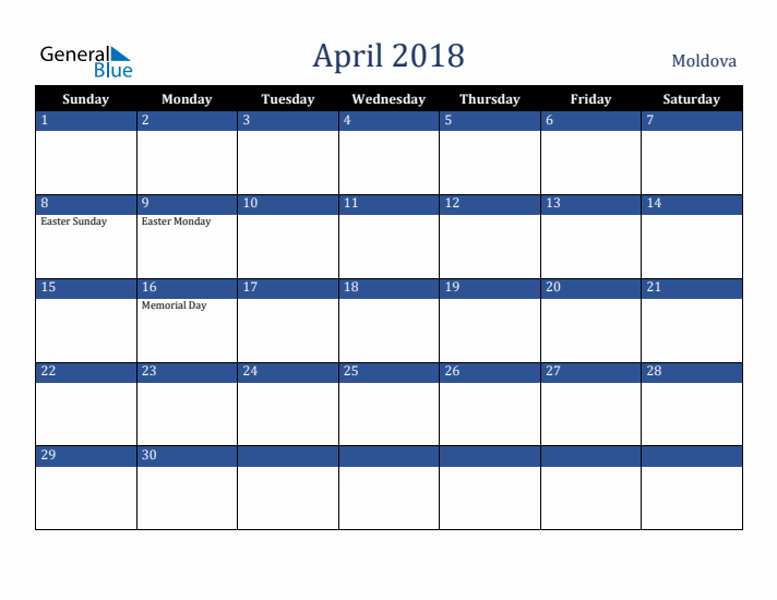 April 2018 Moldova Calendar (Sunday Start)