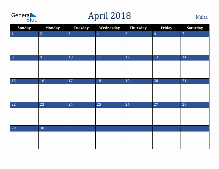 April 2018 Malta Calendar (Sunday Start)