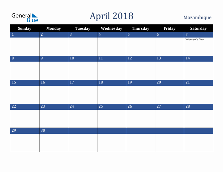 April 2018 Mozambique Calendar (Sunday Start)