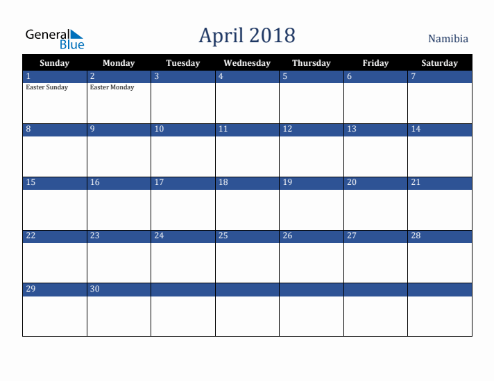 April 2018 Namibia Calendar (Sunday Start)