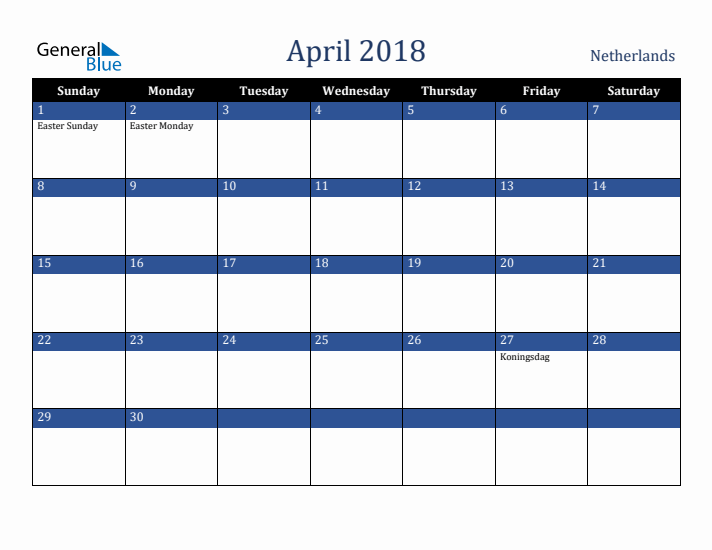 April 2018 The Netherlands Calendar (Sunday Start)