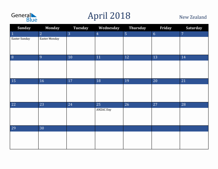 April 2018 New Zealand Calendar (Sunday Start)