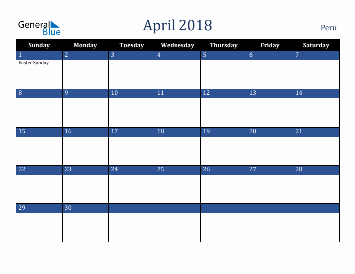 April 2018 Peru Calendar (Sunday Start)