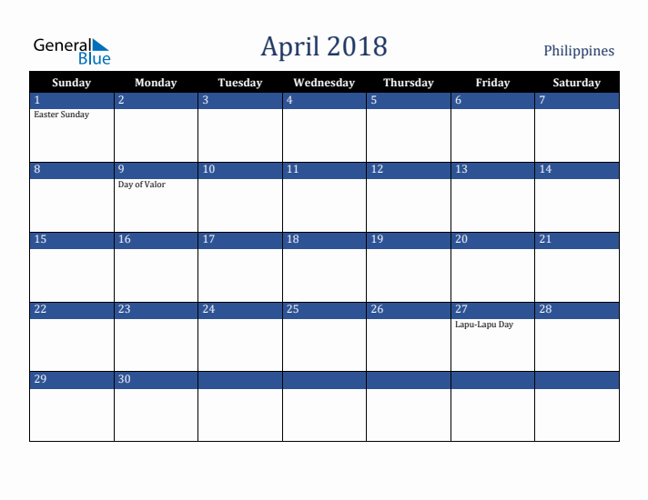 April 2018 Philippines Calendar (Sunday Start)