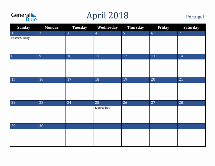 April 2018 Portugal Calendar (Sunday Start)