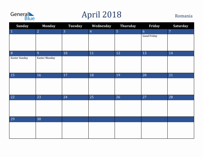 April 2018 Romania Calendar (Sunday Start)