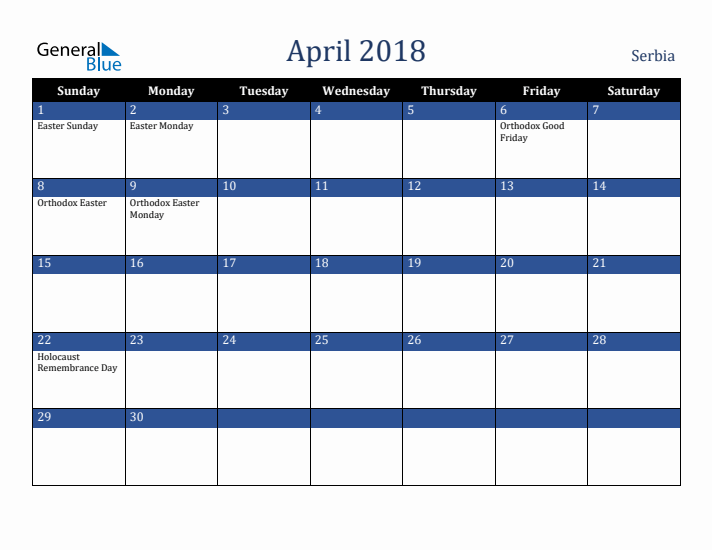 April 2018 Serbia Calendar (Sunday Start)