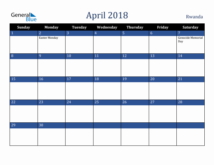 April 2018 Rwanda Calendar (Sunday Start)