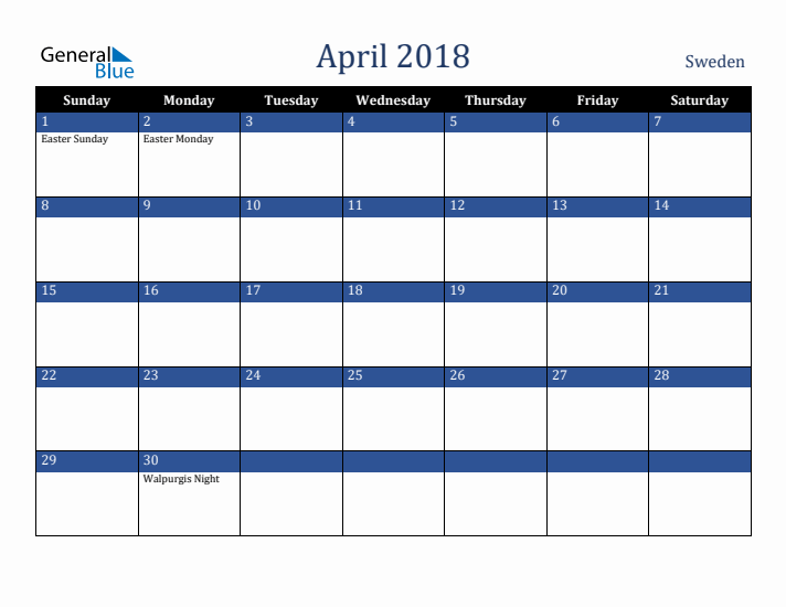 April 2018 Sweden Calendar (Sunday Start)