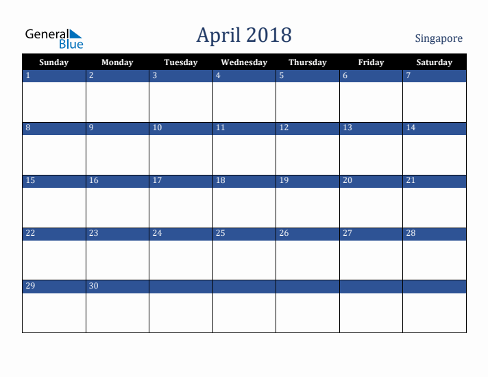April 2018 Singapore Calendar (Sunday Start)