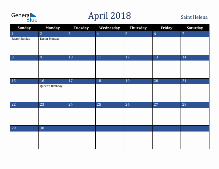 April 2018 Saint Helena Calendar (Sunday Start)