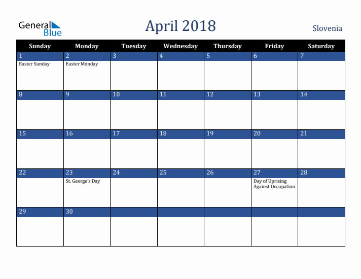 April 2018 Slovenia Calendar (Sunday Start)
