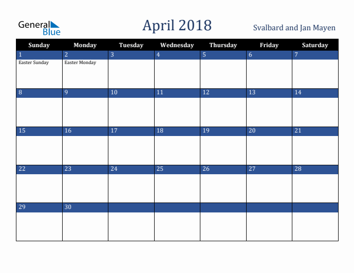 April 2018 Svalbard and Jan Mayen Calendar (Sunday Start)