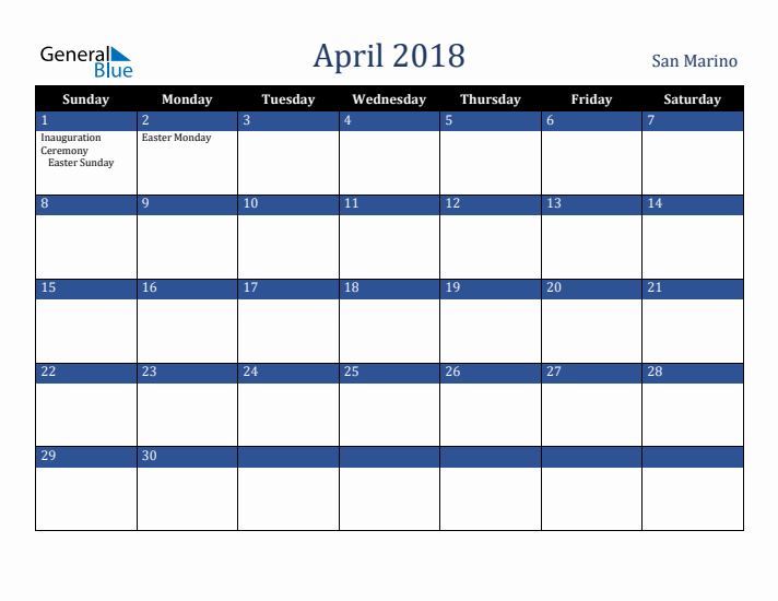 April 2018 San Marino Calendar (Sunday Start)