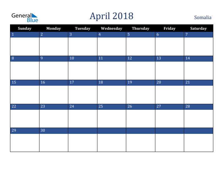 April 2018 Somalia Calendar (Sunday Start)