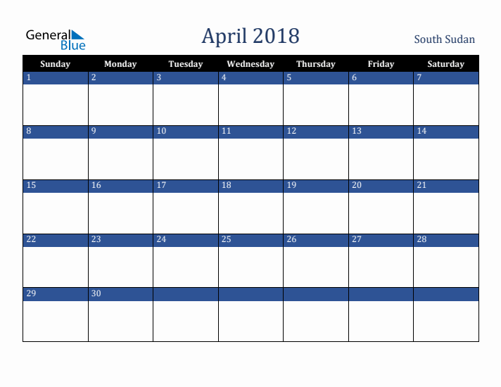 April 2018 South Sudan Calendar (Sunday Start)