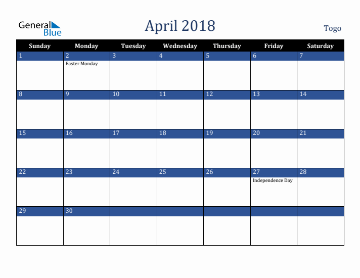 April 2018 Togo Calendar (Sunday Start)