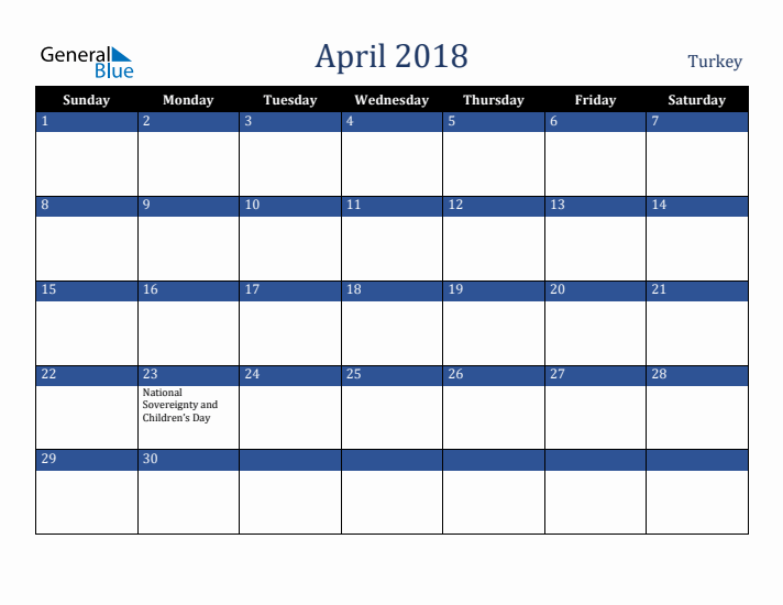 April 2018 Turkey Calendar (Sunday Start)