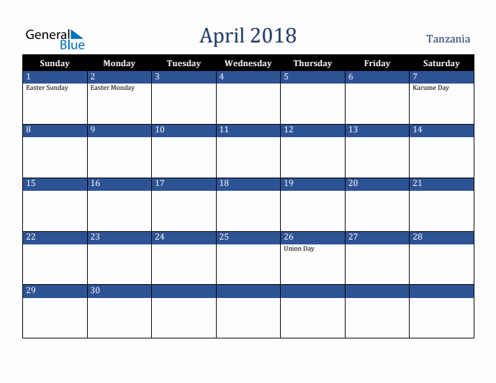 April 2018 Tanzania Calendar (Sunday Start)
