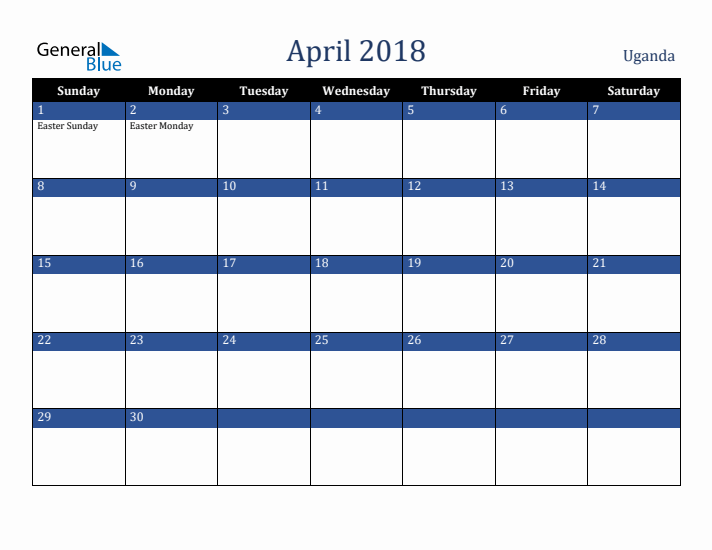 April 2018 Uganda Calendar (Sunday Start)