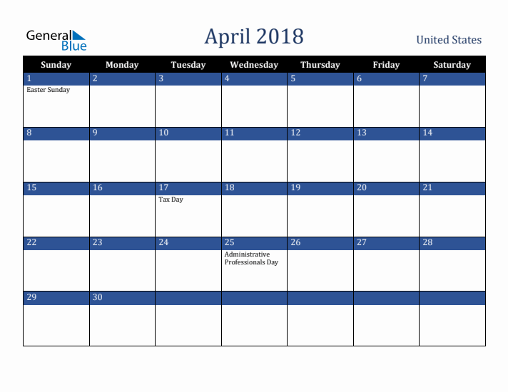 April 2018 United States Calendar (Sunday Start)