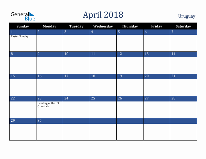April 2018 Uruguay Calendar (Sunday Start)