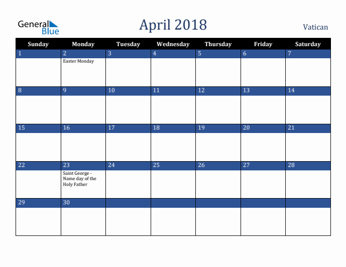 April 2018 Vatican Calendar (Sunday Start)