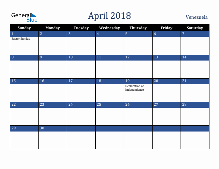 April 2018 Venezuela Calendar (Sunday Start)