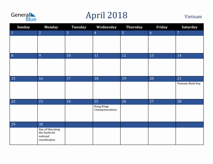 April 2018 Vietnam Calendar (Sunday Start)