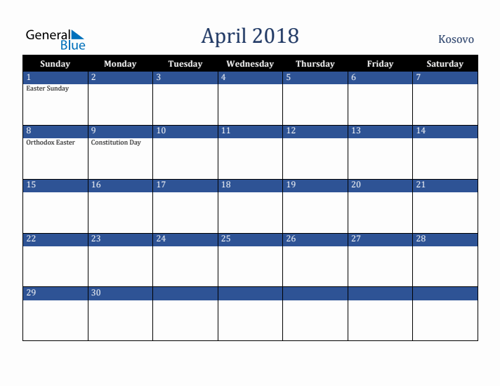 April 2018 Kosovo Calendar (Sunday Start)