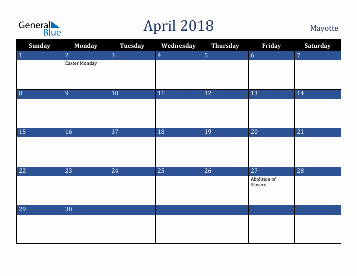 April 2018 Mayotte Calendar (Sunday Start)