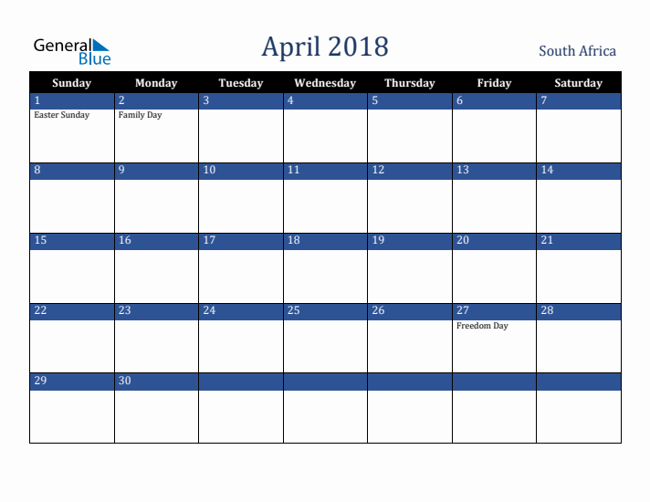 April 2018 South Africa Calendar (Sunday Start)