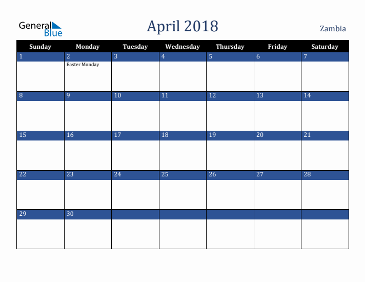 April 2018 Zambia Calendar (Sunday Start)