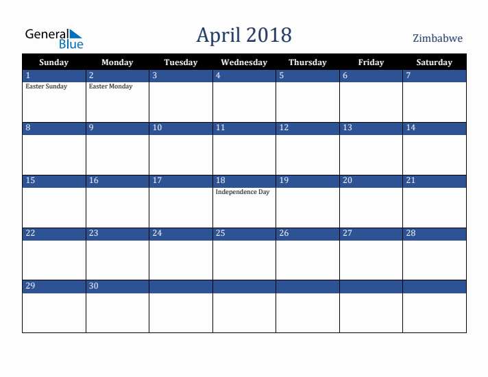 April 2018 Zimbabwe Calendar (Sunday Start)