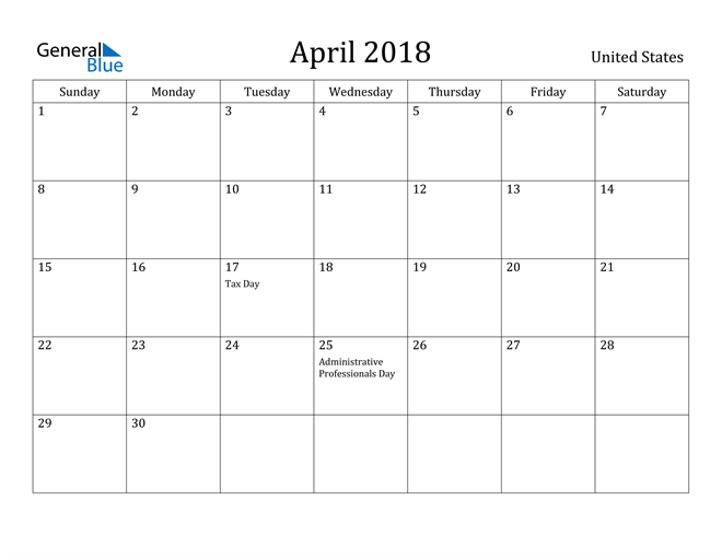 April 2018 Calendar United States