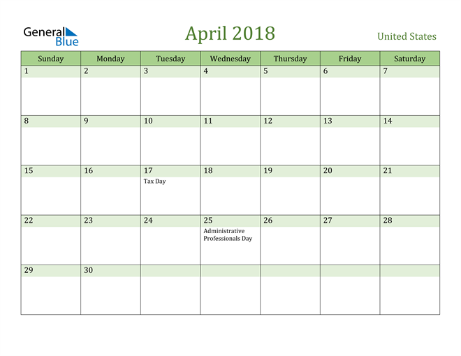 April 2018 Calendar with United States Holidays