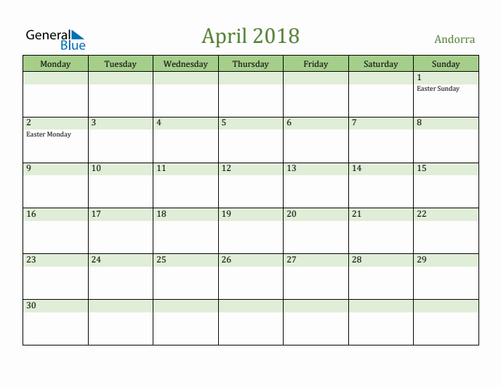 April 2018 Calendar with Andorra Holidays