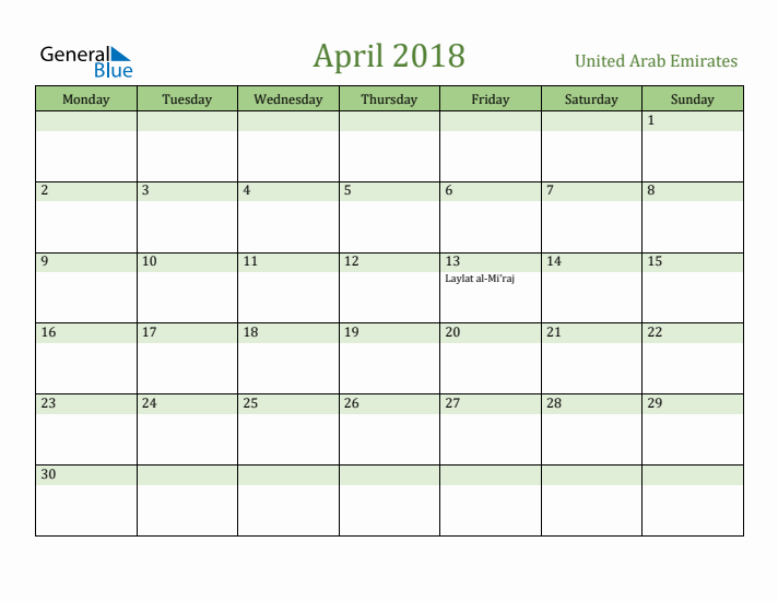 April 2018 Calendar with United Arab Emirates Holidays